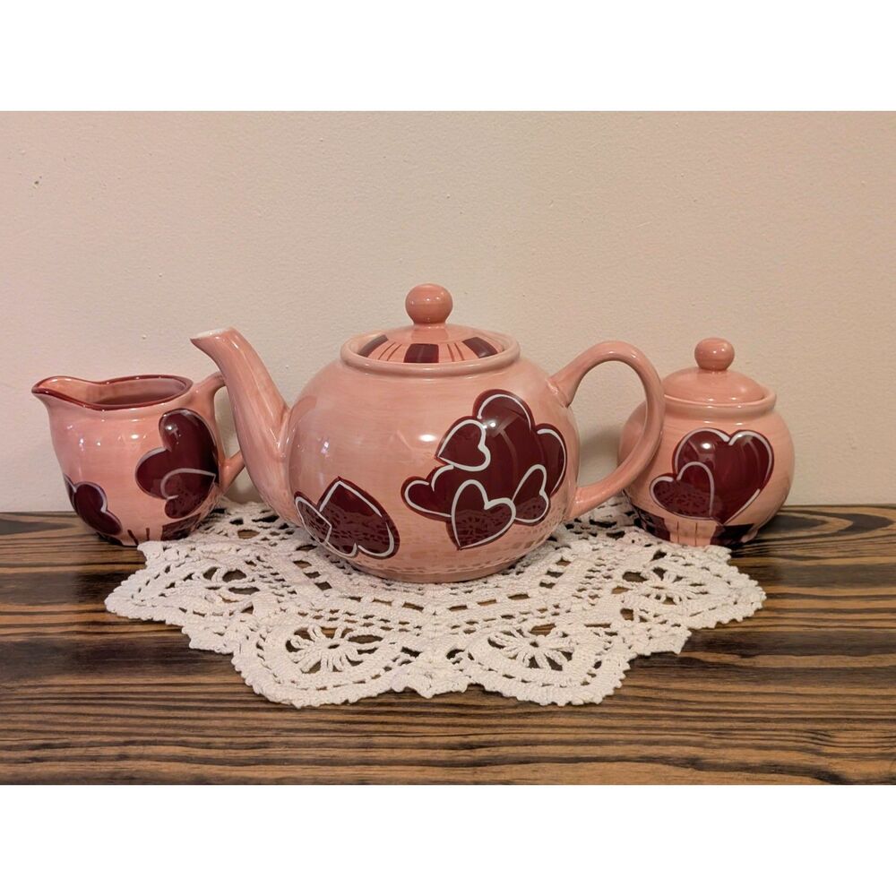 Vintage Gates Ware Laurie Gates Pink Heart Teapot Creamer Sugar Set 3pc
